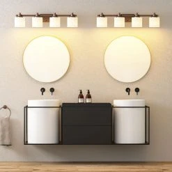 Sage 33.25 in. 4-Lights Modern Antique Bronze Bathroom Vanity Lights with Oval Cylinder Shape Opal Glass Shade by TRIBESIGNS WAY TO ORIGIN -Outlet OttLite Store antique bronze tribesigns way to origin vanity lighting hd sf0042 31 1000