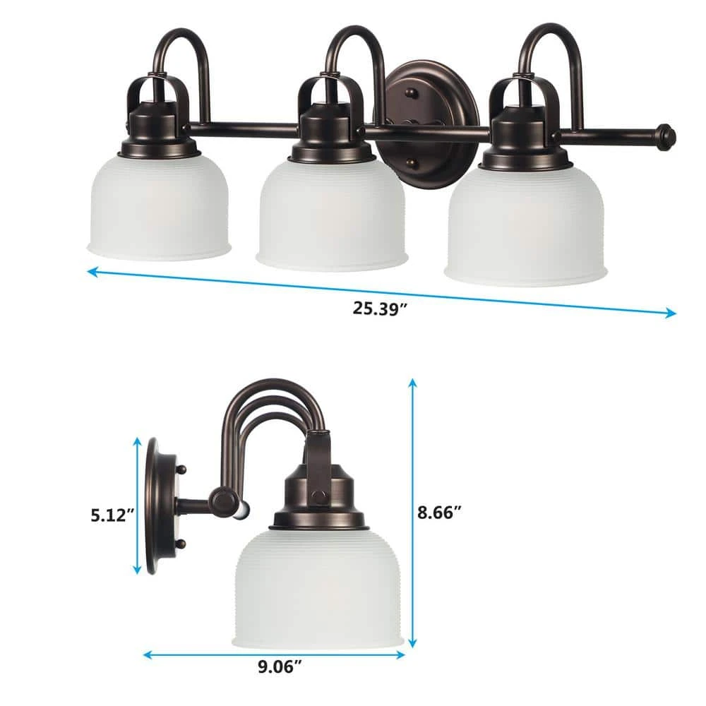 Sabine 25 in. 3-Lights Transitional Antique Bronze Bathroom Vanity Lights with Dome Shape Prismatic Frosted Glass Shade by TRIBESIGNS WAY TO ORIGIN 4 Sabine 25 in. 3-Lights Transitional Antique Bronze Bathroom Vanity Lights with Dome Shape Prismatic Frosted Glass Shade by TRIBESIGNS WAY TO ORIGIN - Image 4