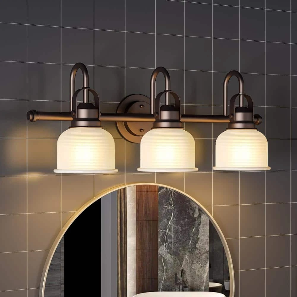 Sabine 25 in. 3-Lights Transitional Antique Bronze Bathroom Vanity Lights with Dome Shape Prismatic Frosted Glass Shade by TRIBESIGNS WAY TO ORIGIN 2 Sabine 25 in. 3-Lights Transitional Antique Bronze Bathroom Vanity Lights with Dome Shape Prismatic Frosted Glass Shade by TRIBESIGNS WAY TO ORIGIN - Image 2