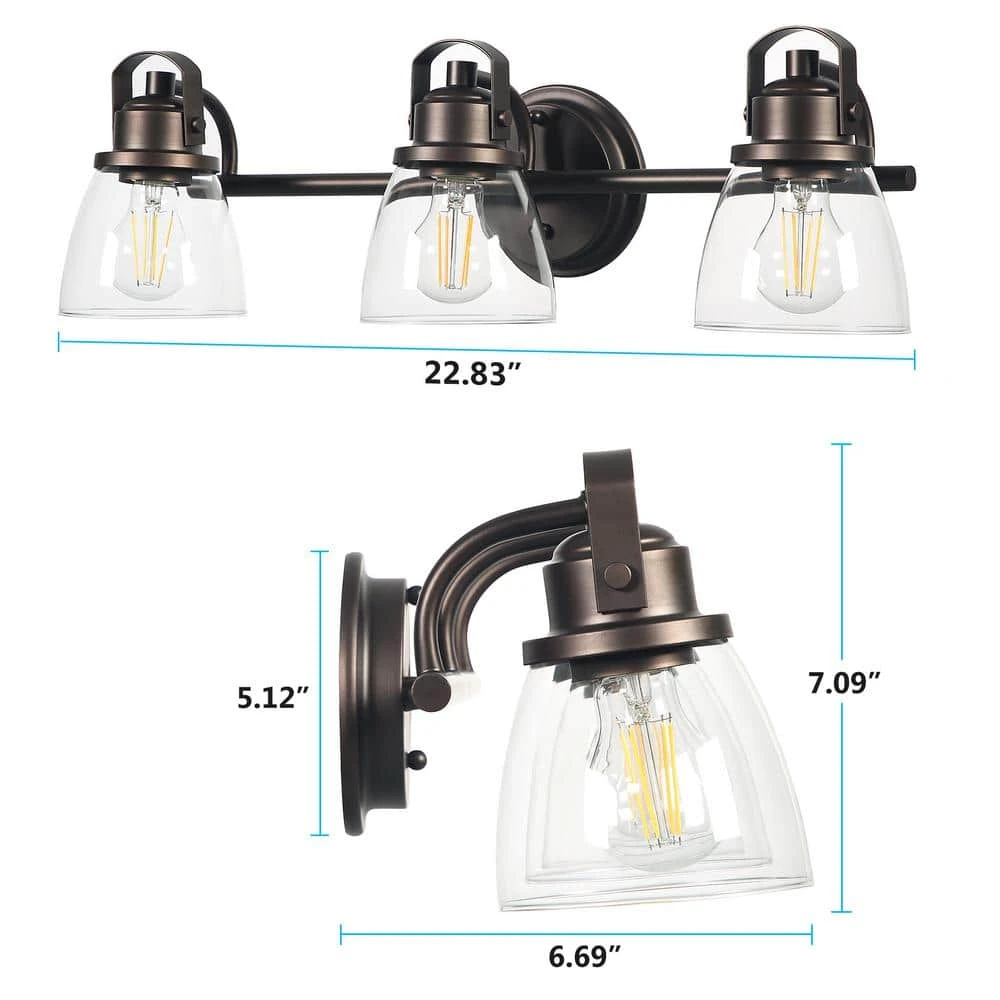 Sadie 24.75 in. 3-Lights Modern Coastal Antique Bronze Bathroom Vanity Lights with Bowl Shape Clear Glass Shade by TRIBESIGNS WAY TO ORIGIN 4 Sadie 24.75 in. 3-Lights Modern Coastal Antique Bronze Bathroom Vanity Lights with Bowl Shape Clear Glass Shade by TRIBESIGNS WAY TO ORIGIN - Image 4