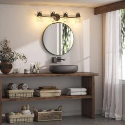 Sadie 32.75 in. 4-Lights Modern Coastal Antique Bronze Bathroom Vanity Lights with Bowl Shape Clear Glass Shade by TRIBESIGNS WAY TO ORIGIN -Outlet OttLite Store antique bronze tribesigns way to origin vanity lighting hd sf0057 4f 1000