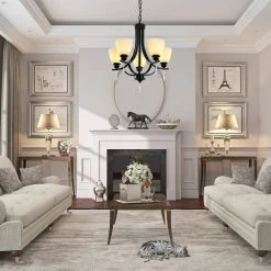 Bailey 5-Light Black Craftsman Chandelier, Bell Opaline Glass Shape, Embellished with Crystal, Matte Curved Light Pole by TRIBESIGNS WAY TO ORIGIN -Outlet OttLite Store black tribesigns way to origin chandeliers hd sf0120 wzz 1f 1000