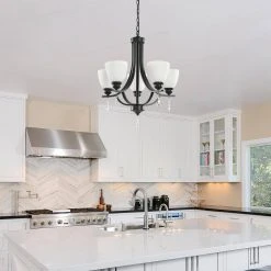 Bailey 5-Light Black Craftsman Chandelier, Bell Opaline Glass Shape, Embellished with Crystal, Matte Curved Light Pole by TRIBESIGNS WAY TO ORIGIN -Outlet OttLite Store black tribesigns way to origin chandeliers hd sf0120 wzz 44 1000