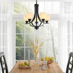 Bailey 5-Light Black Craftsman Chandelier, Bell Opaline Glass Shape, Embellished with Crystal, Matte Curved Light Pole by TRIBESIGNS WAY TO ORIGIN -Outlet OttLite Store black tribesigns way to origin chandeliers hd sf0120 wzz 4f 1000