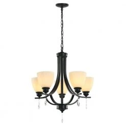 Bailey 5-Light Black Craftsman Chandelier, Bell Opaline Glass Shape, Embellished with Crystal, Matte Curved Light Pole by TRIBESIGNS WAY TO ORIGIN
