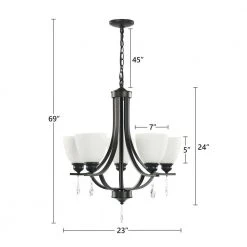 Bailey 5-Light Black Craftsman Chandelier, Bell Opaline Glass Shape, Embellished with Crystal, Matte Curved Light Pole by TRIBESIGNS WAY TO ORIGIN -Outlet OttLite Store black tribesigns way to origin chandeliers hd sf0120 wzz 76 1000
