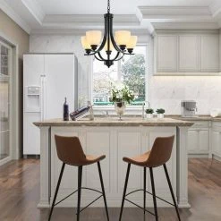 Bailey 5-Light Black Craftsman Chandelier, Bell Opaline Glass Shape, Embellished with Crystal, Matte Curved Light Pole by TRIBESIGNS WAY TO ORIGIN -Outlet OttLite Store black tribesigns way to origin chandeliers hd sf0120 wzz c3 1000