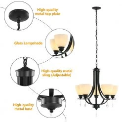 Bailey 5-Light Black Craftsman Chandelier, Bell Opaline Glass Shape, Embellished with Crystal, Matte Curved Light Pole by TRIBESIGNS WAY TO ORIGIN -Outlet OttLite Store black tribesigns way to origin chandeliers hd sf0120 wzz fa 1000