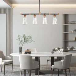 Crystal Iron 4-Light Black Linear Island Pendant, Industrial Gold Modern Kitchen Matte Chandelier Striped Glass by TRIBESIGNS WAY TO ORIGIN -Outlet OttLite Store black tribesigns way to origin chandeliers hd sf0125 wzz 1f 1000