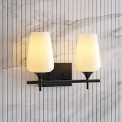 Sandra 13.75 in. 2-Lights Modern Transitional Black Bathroom Vanity Light with Curved Opal Glass Shade by TRIBESIGNS WAY TO ORIGIN -Outlet OttLite Store black tribesigns way to origin vanity lighting hd sf0055 4f 1000