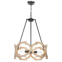 Crystal 4-Light Brown Farmhouse Cage Pendant Light with Hand-Painted Aged Wood Accent by TRIBESIGNS WAY TO ORIGIN