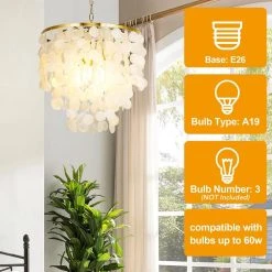 Bailey 3-Light Golden Modern Capiz Shell Chandelier Seashell Pendant Light Fixture for Living Room, Bedroom, Entryway by TRIBESIGNS WAY TO ORIGIN -Outlet OttLite Store gold tribesigns way to origin chandeliers hd zy0203 1f 1000