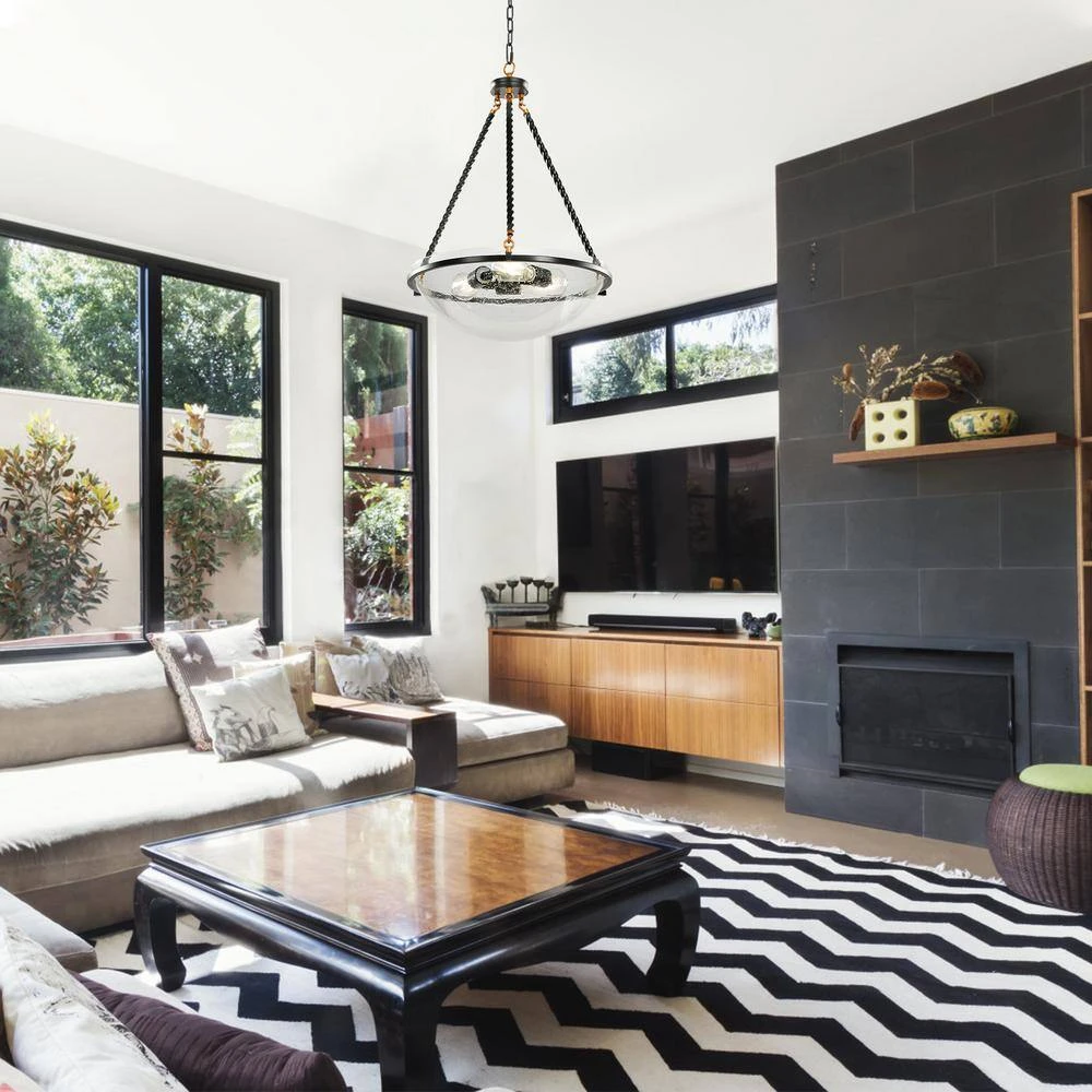 Bailey 20 in. 3-Light Black Simple Bowl Black Pendant with Seeded Glass by TRIBESIGNS WAY TO ORIGIN 8 Bailey 20 in. 3-Light Black Simple Bowl Black Pendant with Seeded Glass by TRIBESIGNS WAY TO ORIGIN - Image 8