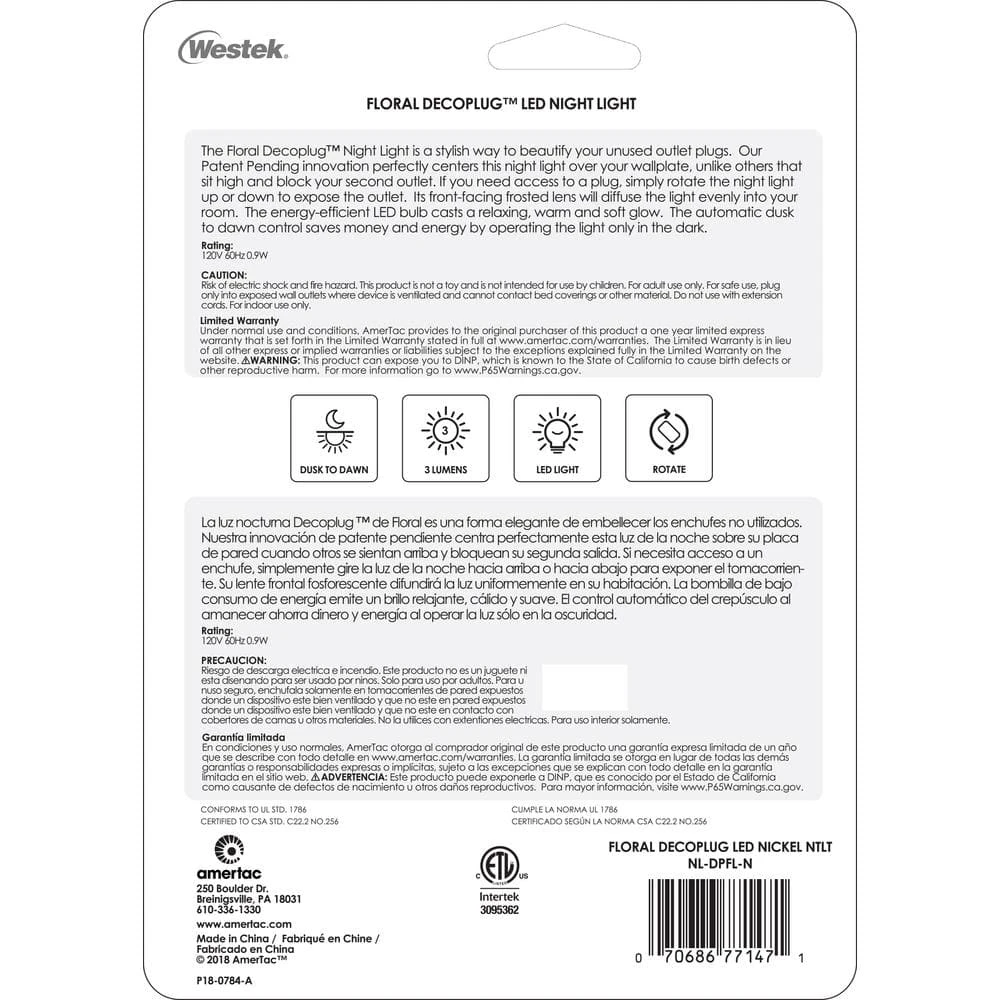 Satin Nickel Floral Decoplug LED Night Light by Westek 7 Satin Nickel Floral Decoplug LED Night Light by Westek - Image 7