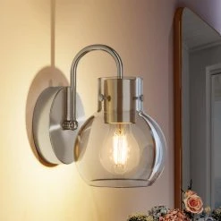 Sabine 5 in. 1-Light White Vanity Light Globe Shade Bathroom Wall Sconce Clear Glass Ball Polished Nickel by TRIBESIGNS WAY TO ORIGIN -Outlet OttLite Store white tribesigns way to origin vanity lighting th sf0220 wzz 4f 1000