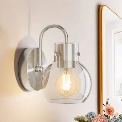 Sabine 5 in. 1-Light White Vanity Light Globe Shade Bathroom Wall Sconce Clear Glass Ball Polished Nickel by TRIBESIGNS WAY TO ORIGIN -Outlet OttLite Store white tribesigns way to origin vanity lighting th sf0220 wzz 77 1000